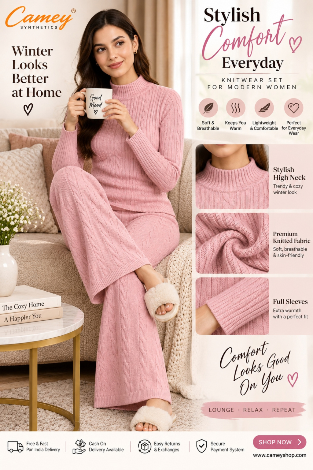 Camey Women Woolen Lounge Wear Set | Full Sleeve with Wide Leg Pants | Soft Warm Winter Co-Ord Set