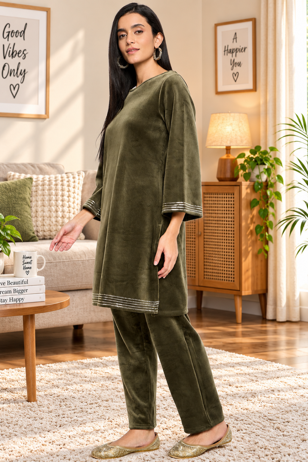 Women's Velvet Winter Kurti Set, Long Sleeves|Winter Velvet Kurti & Pajama Set