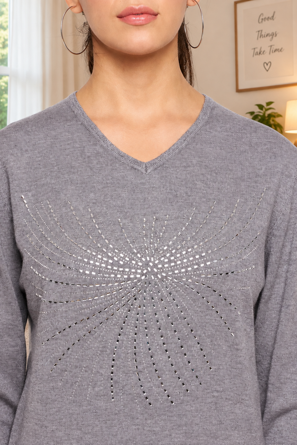 Women Woolen Winter full sleeve stone print V- Neck top | Sweater