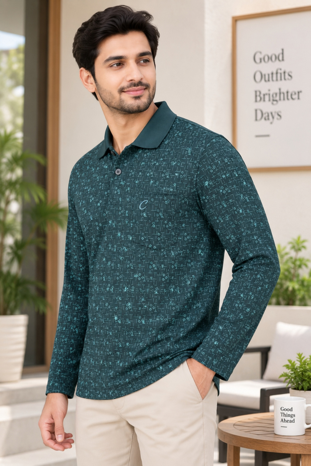 Men's Printed Full Sleeve T-Shirt For Men Polo Neck With Chest Pocket