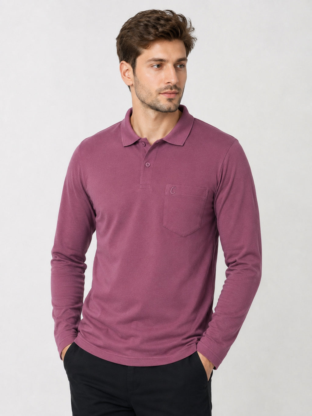 Camey Men's Plain Solid Full Sleeve Polo T-Shirt | Collared Casual Cotton Blend Tee with Chest Pocket