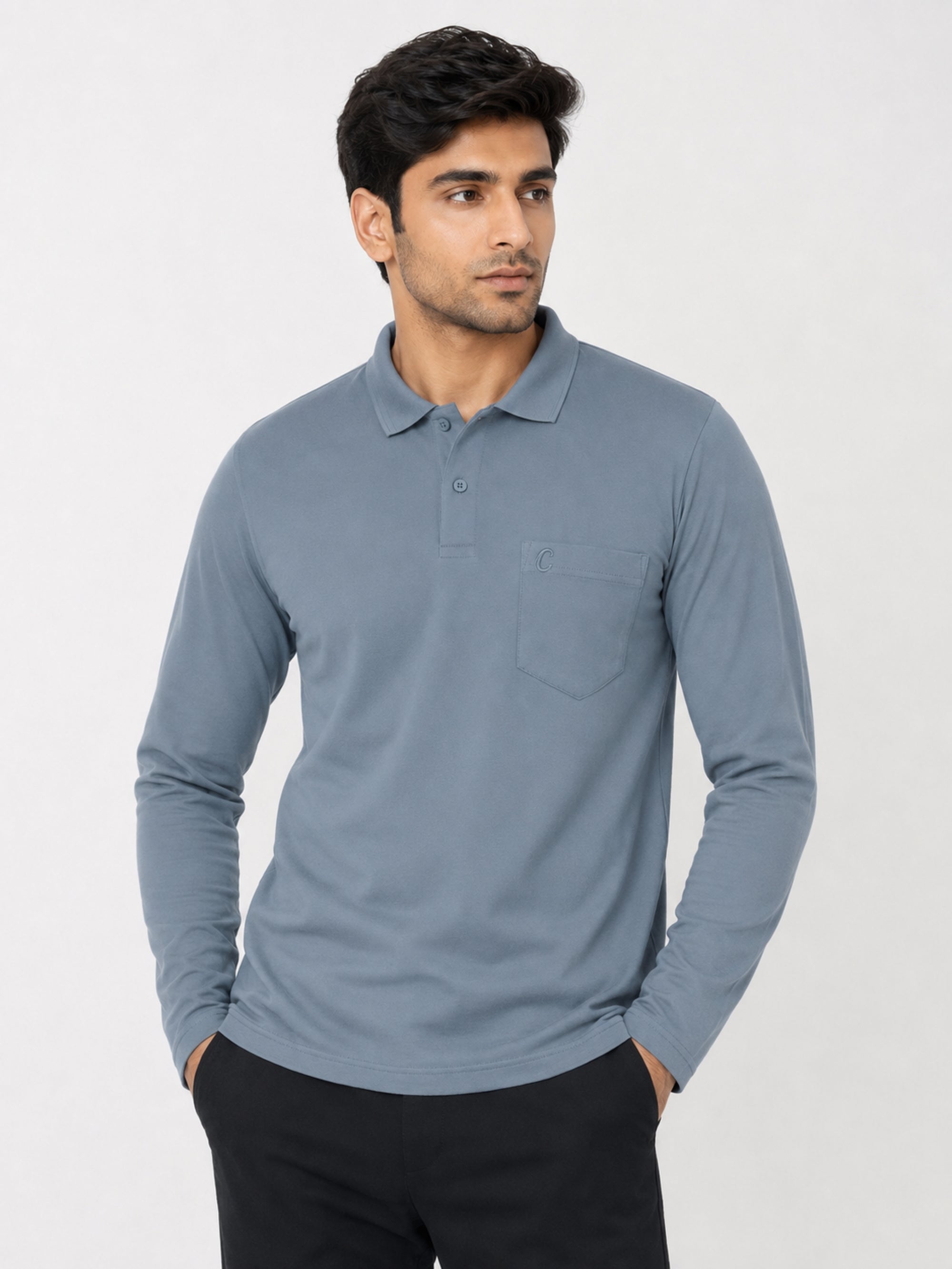 Camey Men's Plain Solid Full Sleeve Polo T-Shirt | Collared Casual Cotton Blend Tee with Chest Pocket