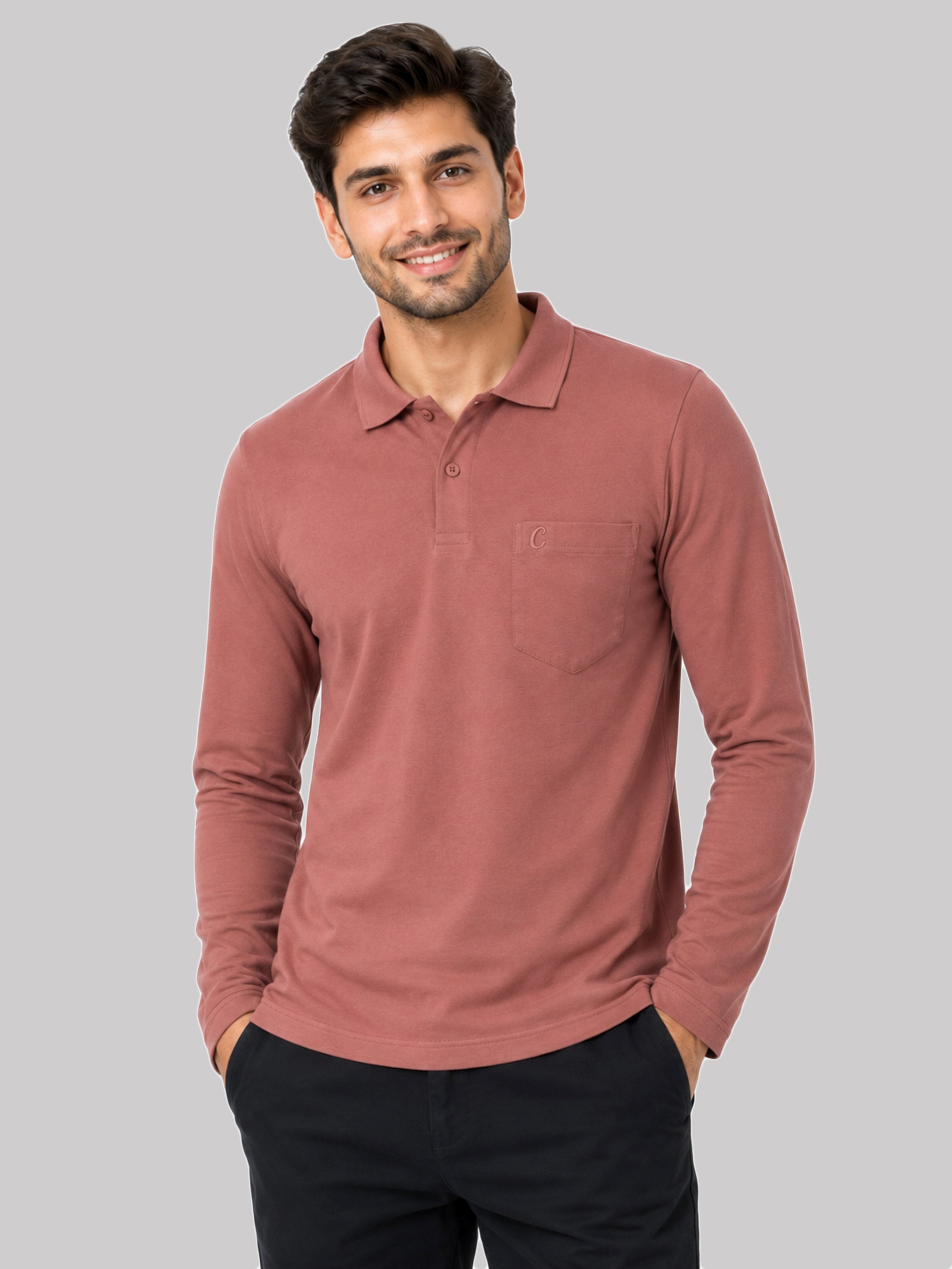 Camey Men's Plain Solid Long Sleeve Polo T-Shirt for men | Collared Casual Cotton Blend Tee with Chest Pocket