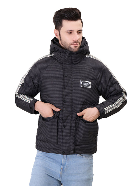 Black Stand Collar with hood Puffer Jacket for Mens