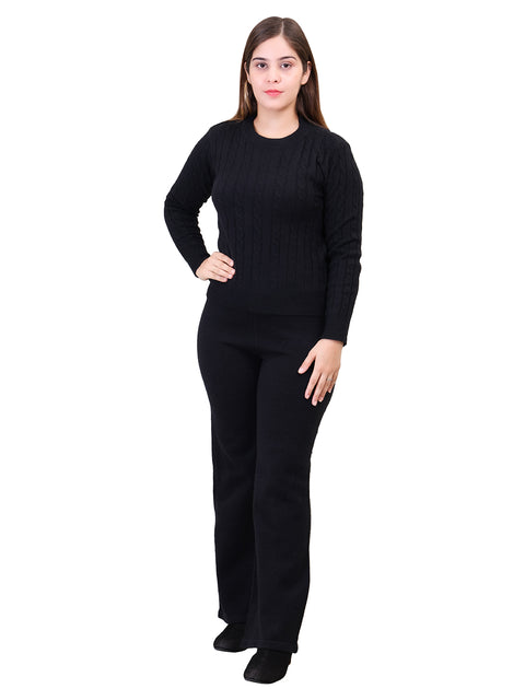 Women's Long Sleeve round neck woolen Co-Ord Set (Black)