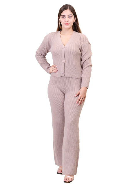 Women's Long Sleeve V-Neck Open Button woolen Beige Co-Ord Set