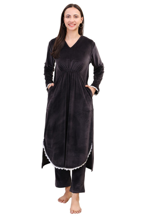 Women's Velvet Winter Corduroy Kurti Set, V-Neck, Long Sleeves (Black)