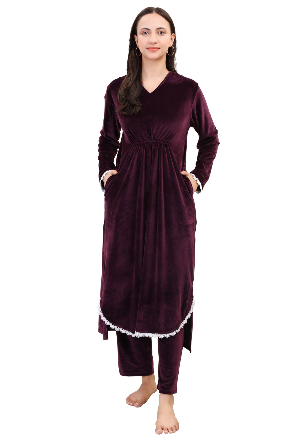 Women's Velvet Winter Corduroy Kurti Set, V-Neck, Long Sleeves (Maroon)