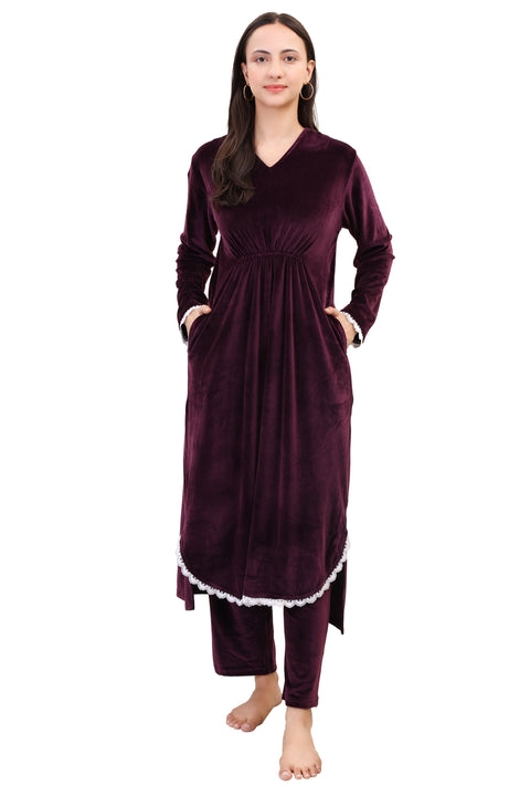Women's Velvet Winter Corduroy Kurti Set, V-Neck, Long Sleeves (Maroon)