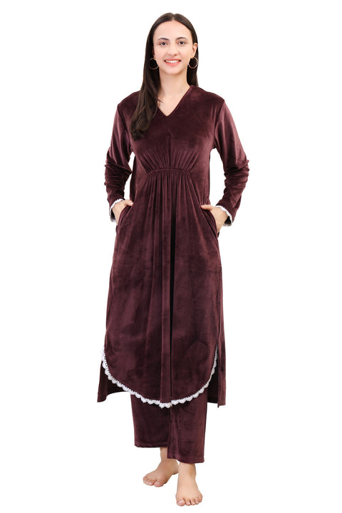 Women's Velvet Winter Corduroy Kurti Set, V-Neck, Long Sleeves (Brown)