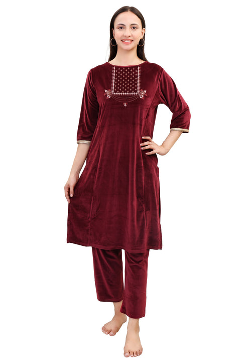 Women's Velvet Winter Embroidered Corduroy Kurti Set, Long Sleeves (Black)