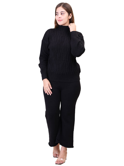 Women's Long Sleeve High Neck woolen Black Co-Ord Set