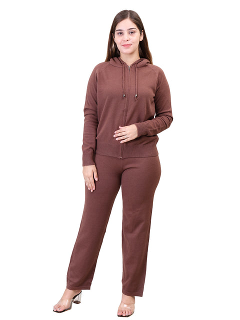 Women's Long Sleeve Zipper Hoody woolen Brown Co-Ord Set