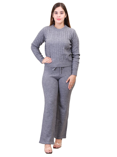 Women's Long Sleeve round neck woolen Co-Ord Set (Grey)