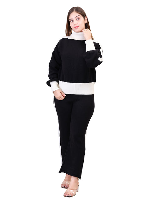 Women's Long Sleeve High Neck woolen Black Co-Ord Set