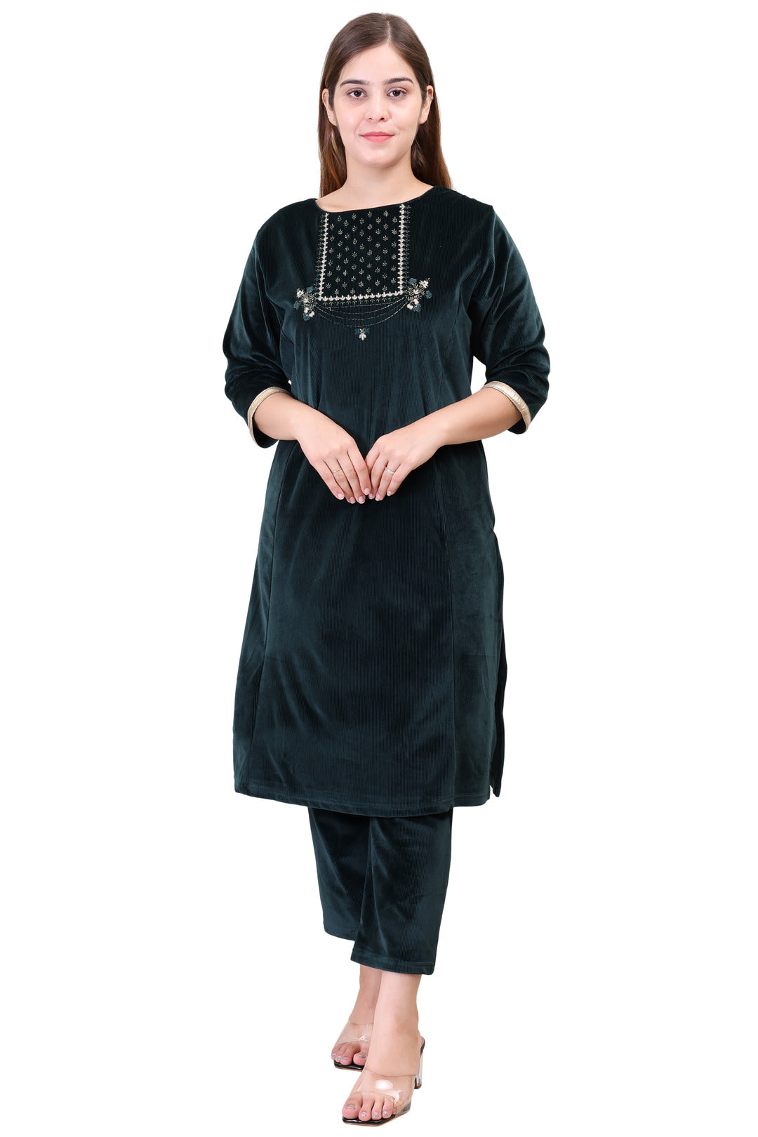 Women's Velvet Winter Embroidered Corduroy Kurti Set, Long Sleeves (Green)