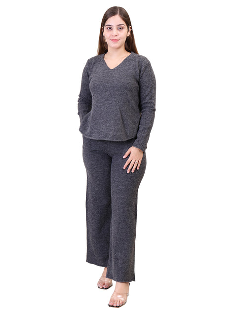 Women's Long Sleeve V-Neck woolen Dark Grey Co-Ord Set