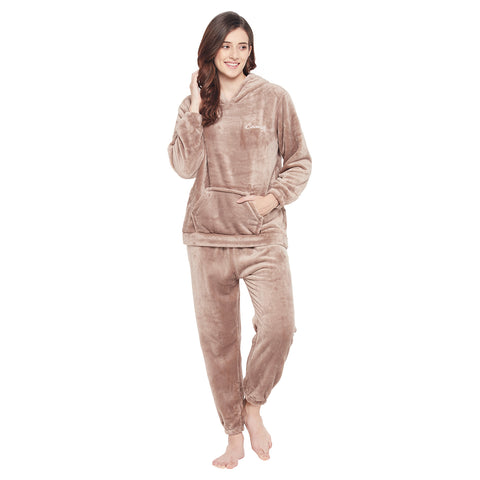 Women's Winter Full Sleeve Top and Pajama Pants Regular Fit Night Suit Hooded Top and Pyjama Set Ladies Night Dress