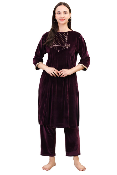 Women's Velvet Winter Embroidered Corduroy Kurti Set, Long Sleeves (Maroon)