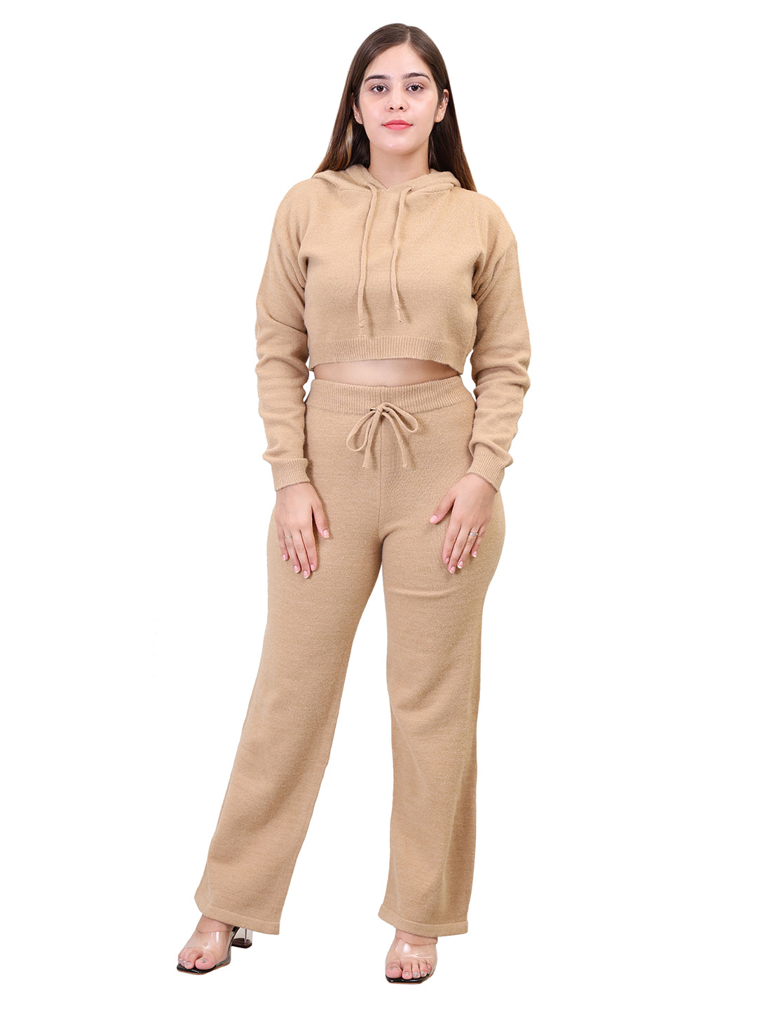 Women's Long Sleeve Hoody woolen Beige Co-Ord Set