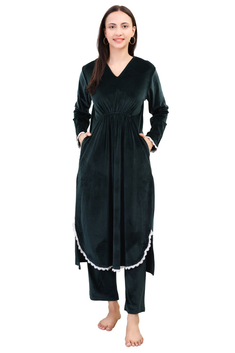 Women's Velvet Winter Corduroy Kurti Set, V-Neck, Long Sleeves (Green)