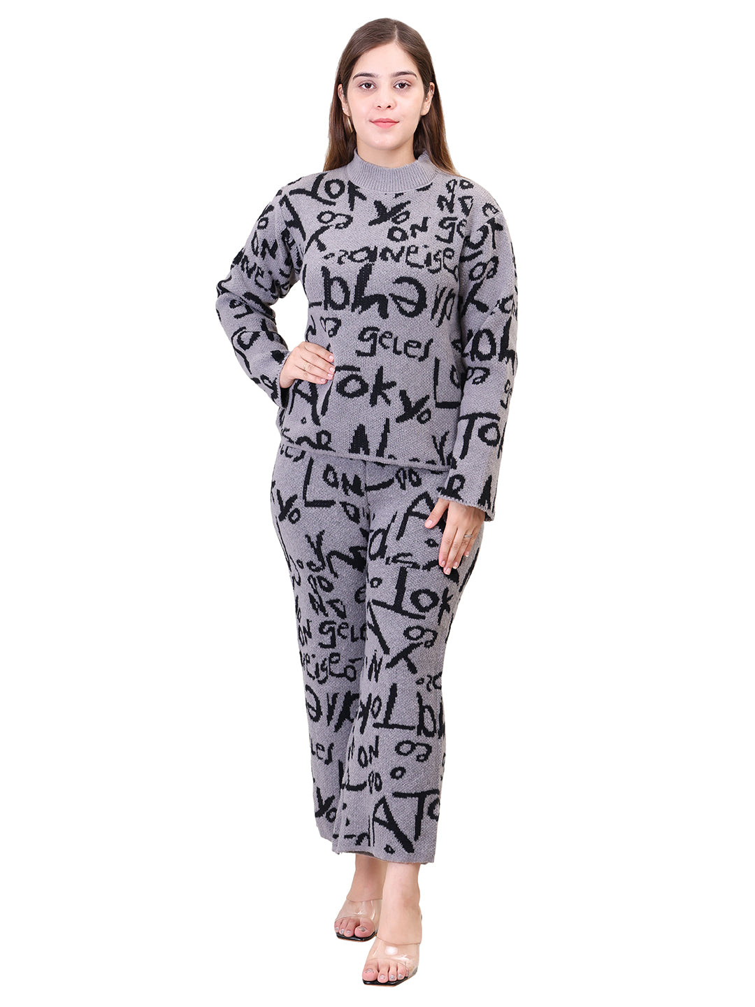 Women's Long Sleeve Round Neck woolen Grey Co-Ord Set