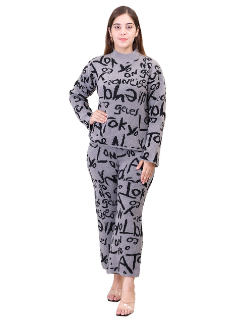 Women's Long Sleeve Round Neck woolen Grey Co-Ord Set