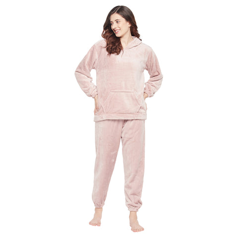 Women's Winter Full Sleeve Top and Pajama Pants Regular Fit Night Suit Hooded Top and Pyjama Set Ladies Night Dress