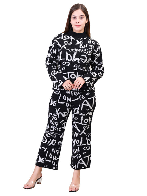Women's Long Sleeve Round Neck woolen Black Co-Ord Set