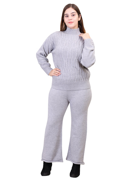 Women's Long Sleeve High Neck woolen Grey Co-Ord Set