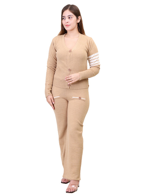 Women's Long Sleeve V-Neck open Button woolen Khaki Co-Ord Set