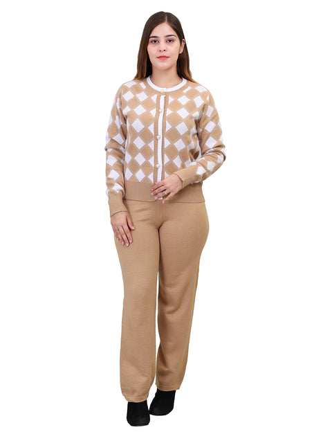 Women's Long Sleeve Round Neck Open Button woolen Beige Co-Ord Set