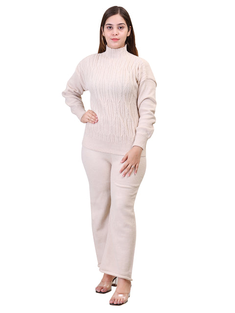 Women's Long Sleeve High Neck woolen Beige Co-Ord Set