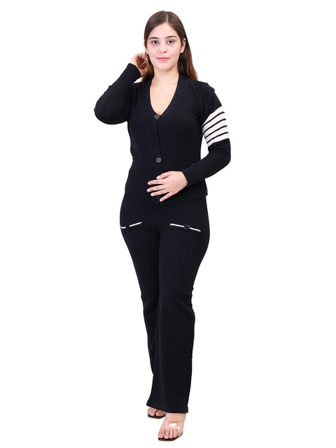 Women's Long Sleeve V-Neck open Button woolen Black Co-Ord Set