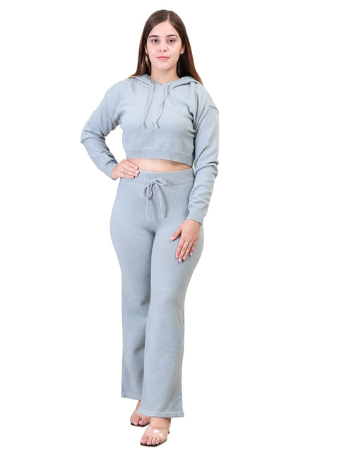 Women's Long Sleeve Hoody woolen Light Blue Co-Ord Set