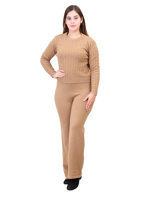 Women's Long Sleeve round neck woolen Co-Ord Set (Khaki)