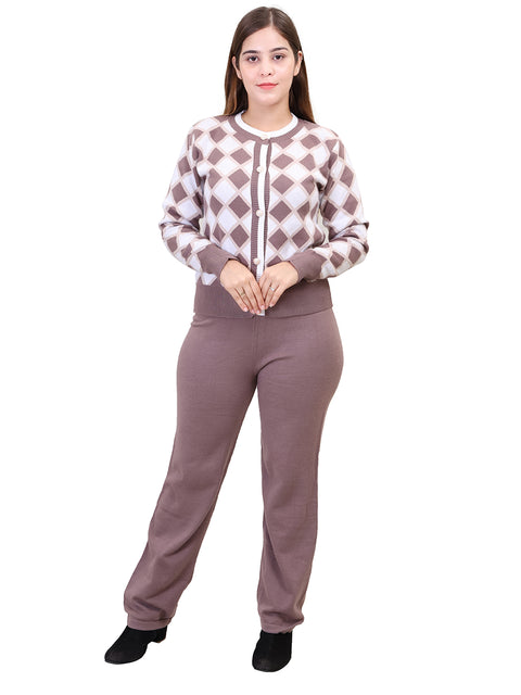 Women's Long Sleeve Round Neck Open Button woolen Brown Co-Ord Set