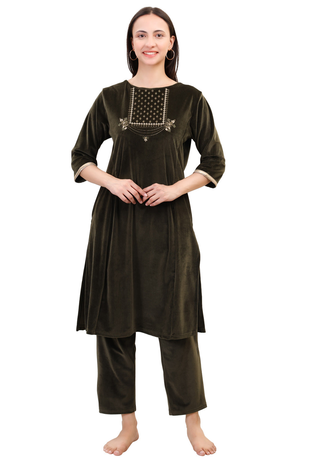 Women's Velvet Winter Embroidered Corduroy Kurti Set, Long Sleeves (Olive)