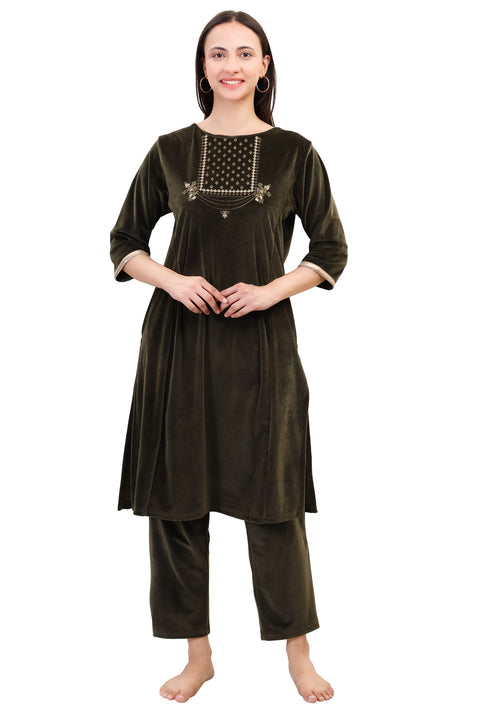 Women's Velvet Winter Embroidered Corduroy Kurti Set, Long Sleeves (Olive)
