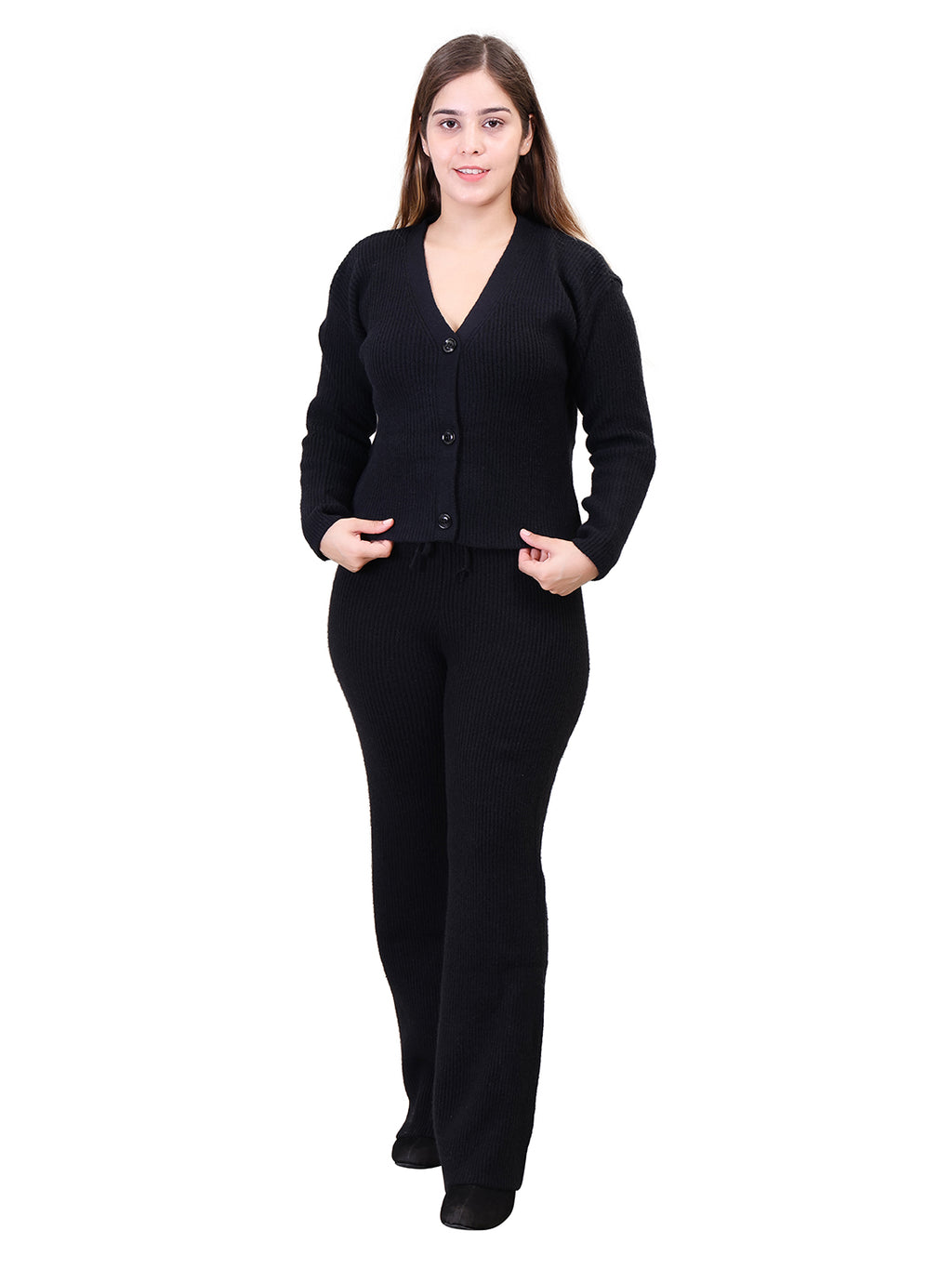 Women's Long Sleeve V-Neck Open Button woolen Black Co-Ord Set