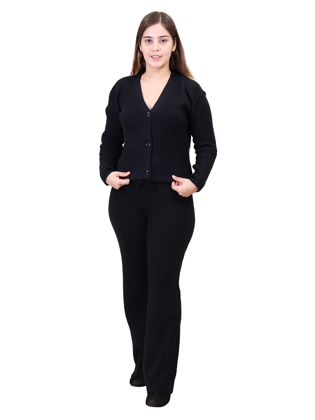 Women's Long Sleeve V-Neck Open Button woolen Black Co-Ord Set