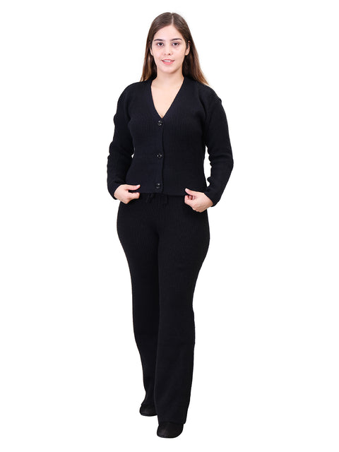 Women's Long Sleeve V-Neck Open Button woolen Black Co-Ord Set