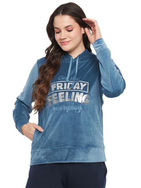 Women Solid Hooded Velvet Embroidered Winter Sweatshirt with 2 pockets