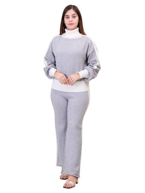 Women's Long Sleeve High Neck woolen Grey Co-Ord Set