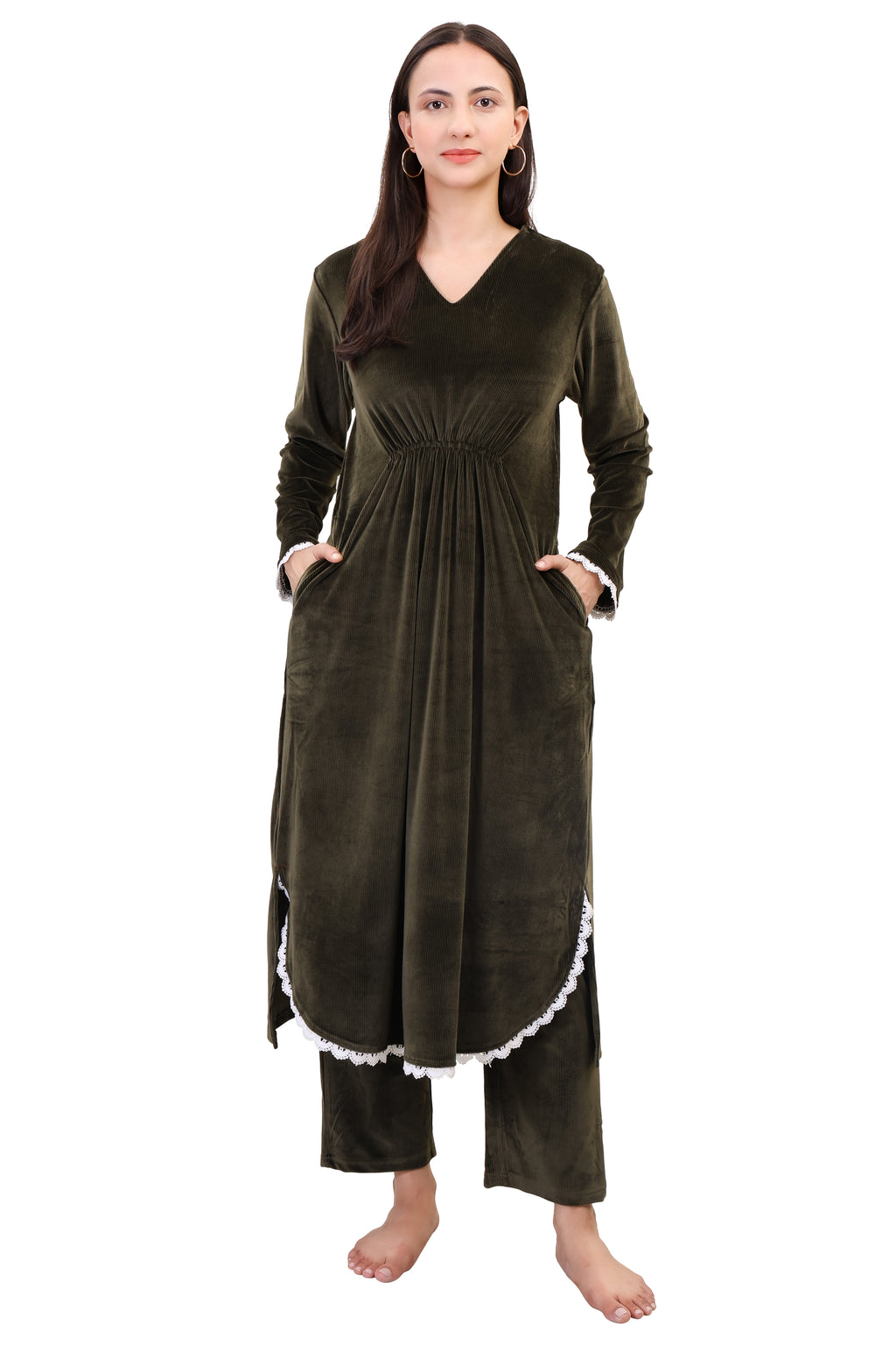 Women's Velvet Winter Corduroy Kurti Set, V-Neck, Long Sleeves (Olive)