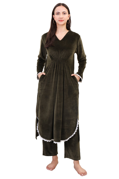 Women's Velvet Winter Corduroy Kurti Set, V-Neck, Long Sleeves (Olive)
