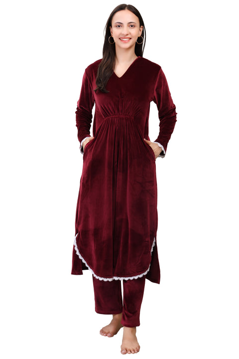 Women's Velvet Winter Corduroy Kurti Set, V-Neck, Long Sleeves (Red)