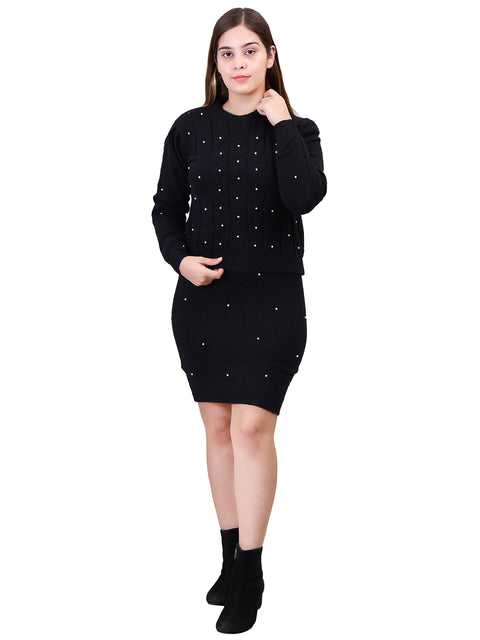 Women's Long Sleeve Round Neck woolen Black Skirt Set