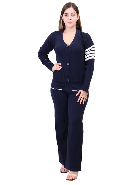Women's Long Sleeve V-Neck open Button woolen Navy Co-Ord Set