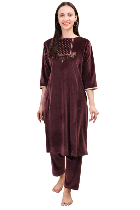 Women's Velvet Winter Embroidered Corduroy Kurti Set, Long Sleeves (Brown)